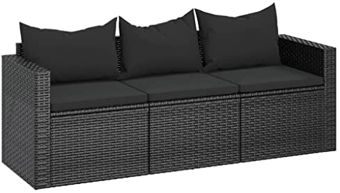 vidaXL Gartensofa 3 Sitzer, Sofa mit 3 Sitzkissen 3 Rückenkissen, Couch für den Außenbereich, Relaxsofa Dreisitzer, Schwarz Poly Rattan