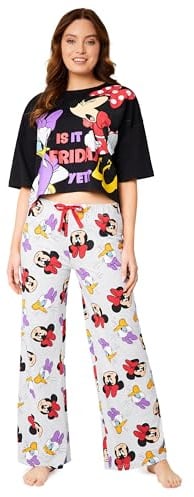 Disney Stitch Schlafanzug Damen, Pyjama Lang mit Crop Top, Schlafanzug für Frauen Teenagers - Geschenke für Sie (Schwarze/Graue Minnie, M)