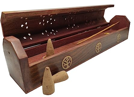 Aromasenses - Quemador de Incienso - Portaincienso Baul Arbol de la Vida Madera Tallada Recogedor de Cenizas | Quemador de Conos Integrado 30,5 x 5,7 x 6,7 cm (Tree of Life)