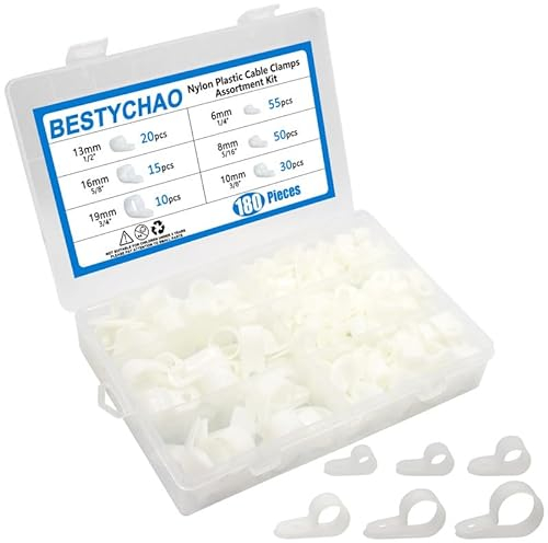 BESTYCHAO Nylon R Clip, 180 Stück 6 Größen R-Typ Nylon Kabelklemme, Typ P Drahtklemmen Kabelklemmen Sortimentskit für Kabel-Management(Weiß)