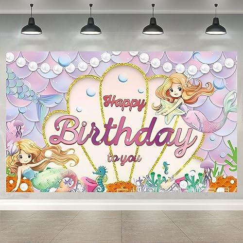 Meerjungfrau Thema Alles Gute zum Geburtstag Dekorationen Hintergrund, Meerjungfrau Geburtstag Hintergrund Zeichen, Alles Gute zum Geburtstag Banner, Fotohintergrund für Mädchen Party Zubehör