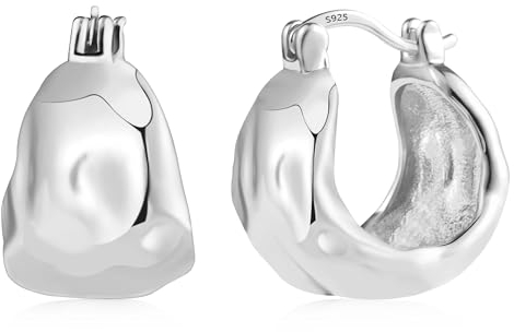 Silber 925 Ohrringe Kleine Creolen Breit für Damen, Klobige Ohrringe aus Sterlingsilber Ohrringe Hypoallergene Gehämmerte Kleine Dicke Huggie Creolen Leichte Breite Creolen Ohrringe für den Alltag