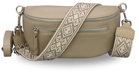 BRISE Bauchtasche Damen Echtes Leder Lucia Handgemachte Umhängetasche Crossbody Bag mit Ledergurt + Optionalen Breiten Gemusterten Riemen 3 Fächer Stylische Hüfttasche Made in Italy (Taupe - 2)