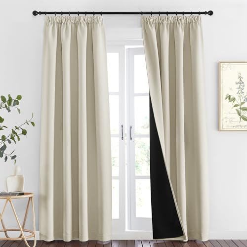 PONY DANCE 100% Blickdichte Gardinen Beige 2er Set H 245 x B 140 cm Verdunklungsvorhänge mit Kräuselband für Schienensystem Vorhang Lichtundurchlässig Thermovorhänge Hitzeschutz, Hellbeige