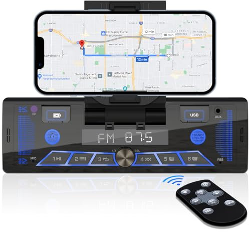 Stéréo mono DIN avec support de téléphone de voiture – Autoradio Bluetooth – Assistant Push to Talk Multi Color LCD AM FM Tuner AUX USB Microphone intégré Télécommande sans fil