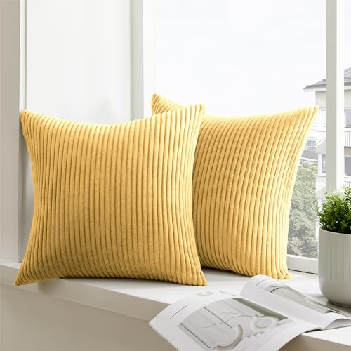 mosayt Kissenbezug 40x40 Gelb 2er Set Cordsamt gestreiftes Muster Kissenbezüge Kissenhülle Dekokissen Sofakissen Couchkissen Winter Deko Kissenhüllen Bett Herbst Wohnzimmer
