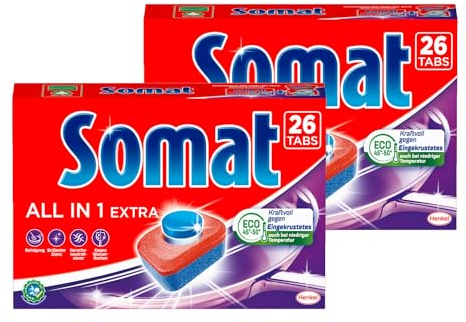 Somat All in 1 Extra Spülmaschinen Tabs, 52 Tabs (2x 26 Tabs), Geschirrspül Tabs für strahlende Sauberkeit auch bei niedrigen Temperaturen, bekämpfen selbst eingetrocknete Rückstände