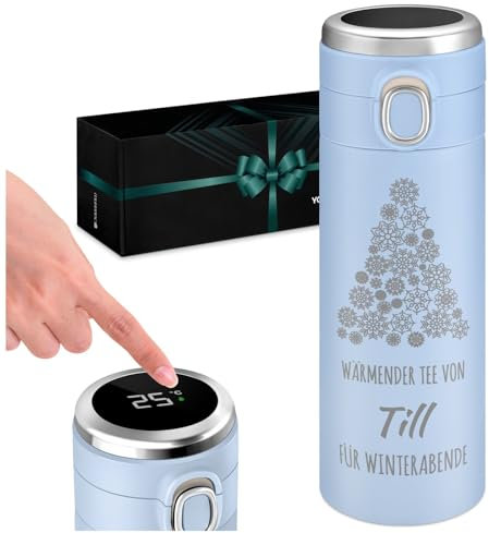 Maverton Kaffeebecher mit Gravur 400 ml mit LED-Temperaturanzeige - Reisebecher auslaufsicher 100% dicht - Edelstahl Thermosflasche zu Weihnachten - für Männer - blau - Weihnachtsbaum