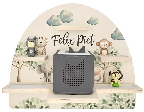 Geschenkfreude Personalisiertes Toniebox Regal für Kinderzimmer - Kinder Wandregal für Tonie Hörfiguren - Magnetisches Tonie Wandregal zur aufbewahrung von Tonieboxen und Figuren - Safari