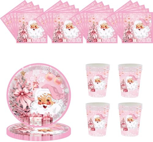 Santa's Pink Christmas Dinnerware Set - 20 Napkins, 16 Cups, 16 Plates for Adults & Kids Xmas Party