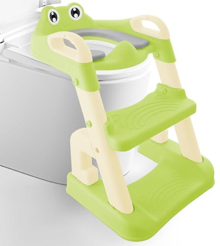 Hibtn Frog Potty Training Seat,Potty Training Toilet Seat with Step,2 in 1 Potty Training Toilet for Kids,Upgrade Toddler Toilet Seat for Kids Boys Girls,Waterproof Soft Mat Non-Slip Step Stool,Green