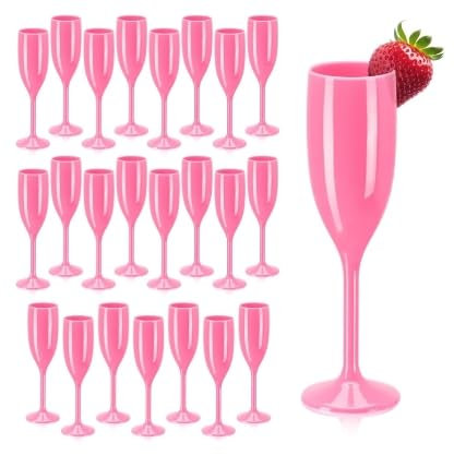 jiawaggag Coupe de Champagne Reutilisable Verre a Pied Blanc Incassable Flute Champagne Acrylique Flute Champagne Verre Gobelet pour Mariage Fêtes d’anniversaire Camping Piscine (24, Rose)