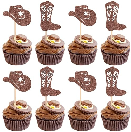 SYKYCTCY 24 Pack Cowboy Cupcake Toppers Glitter Hat Boot Cupcake Picks For Western Cowboy Theme Baby Shower Kids Birthday Party Cake Decorations Supplies Brown