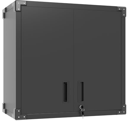 BIZOEIRON Werkzeugschrank Hängend, Metall Wandschrank mit 2 Türen, Hängeschrank für Garage, Werkstattschrank Wand, Montage Erforderlich, Schwarz & Grau