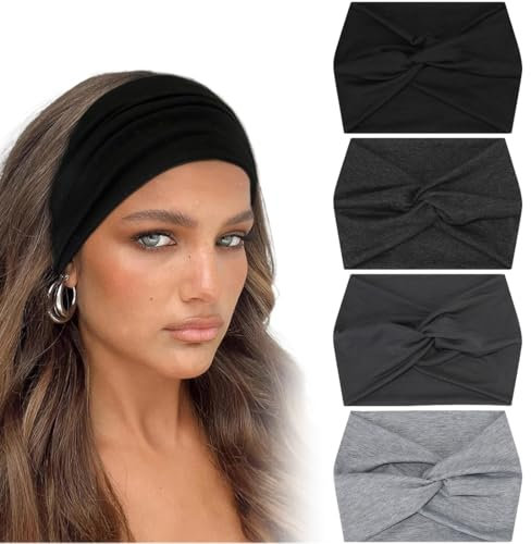 4 Pcs Fascia Capelli Donna 7'' Elastico Cerchietto Capelli, Elastica Fascia per Capelli, Donna Antiscivolo Headband Sport Yoga per Capelli Bandana Extra Large Headband Boho Accessori per Capelli (A)