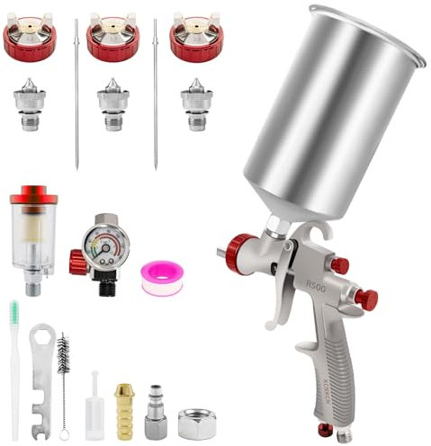 R500 LVLP Pistolet pulvérisateur à air comprimé de qualité supérieure avec tasse en aluminium de 1000 cc, facile à utiliser, pistolet à peinture pour peinture de voitures et maisons, buses de 1,3/1,7