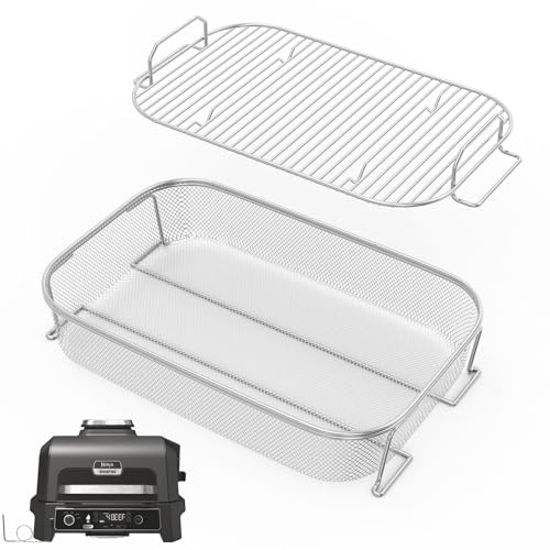 Crisper Basket & Rack für Ninja Woodfire XL OG850/OG951 Grillzubehör | Ersatz für Ninja Woodfire xl OG800/900:SS304 Fritteusenkorb + Rauchständer Antihaftbeschichtet, spülmaschinenfest Passend für