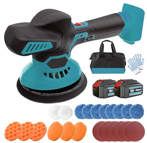 Akku Poliermaschine für Auto, 18V Schnurlose Poliermaschine, Profiset Akku Polierer Set mit 2x5.5AH Batterie +Ladegerät und 24 PCS Aufsätze, 6 variable Geschwindigkeit, 5500RPM