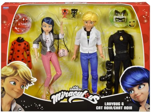 BANDAI – Miraculous – 2er-Pack Marinette und Adrien Puppen mit 2 Outfits (Ladybug & Cat Noir), Zubehör – Miraculous Geschenkbox 2 Figuren 26cm – Geschenkidee Kinder – Spielzeug ab 4 Jahren – P50359