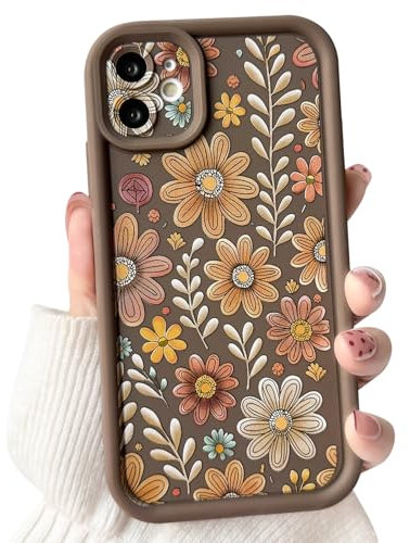 NITITOP Compatible with iPhone 12 Case Cute Color Flower Floral Design for Women Girls Aesthetic Leaves Pattern Full Camera Soft TPU Shockproof More Protective Cover - Brown