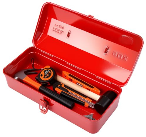 FOPPLA Portable Red Metal Tool Box with Lock, 14-Inch Heavy-Duty Storage Chest for Tools, Comes, Ideal for Garage, Jobsite, Mechanic Use, Waterproof & Stackable Design