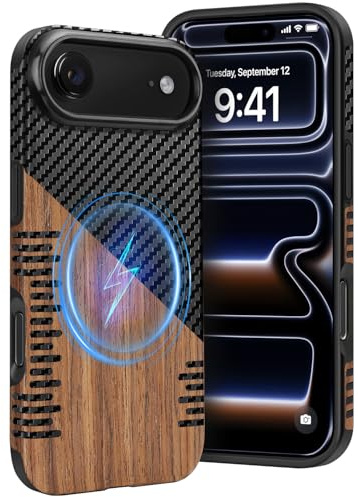 Dolstrap Magnetisch Handyhülle Kompatibel mit iPhone 17 Air Hülle (Kompatibel mit Magsafe), (Naturholz & Kohlefaser-Hybrid) Robust Dünnes iPhone Hülle, Schwarz+Braun