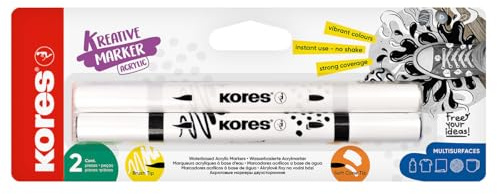 Kores Kreative Acrylic Paint Markers Black and White Set - Dual Tip Brush and Cone Nib for Paper, Wood, Glass, Canvas, Rock, Fabric and Ceramics - Opaque, Permanent Ink, No Shaking - 2 Pens