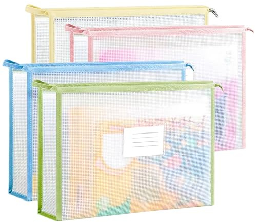 BXUUXA Dokumententasche A4 4 Stück mit Reißverschluss Wasserdicht | PVC- und EVA-Dokumentenmappen in 4 Farben, 34 × 24 × 6,5 cm für Unterlagen, Verträge, Reise- und Büroorganisation