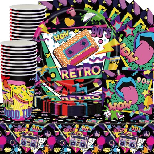 61Stk90er Jahre Disco Party Geschirr Set, Disco Party Dekoration, Hip-Hop-Musik-Thema, Hip-Hop-Musik-Teller Tasse Papiertücher Tischtuch (20 Gäste)