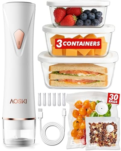 AOSKI Preserve Machine à emballer sous vide compacte pour aliments : machine à emballer sous vide portable + 3 récipients sous vide en verre + 30 sacs sous vide, stockage puissant des aliments pour