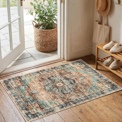 FairyStyle Fußmatte Indoor-Teppich für Eingangsbereich, 60 x 100 cm Vintage Kleiner Botanischer Waschbar rutschfest Kurzflorig für Schlafzimmer Küche Badezimmer Eingangsbereich Terrakotta-Türkis