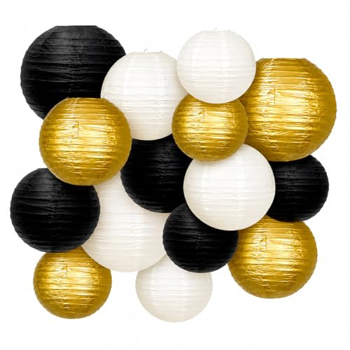 GothicBride 15Pcs Papier Lampions Schwarzer Gold Weiß Papierlaterne Runde