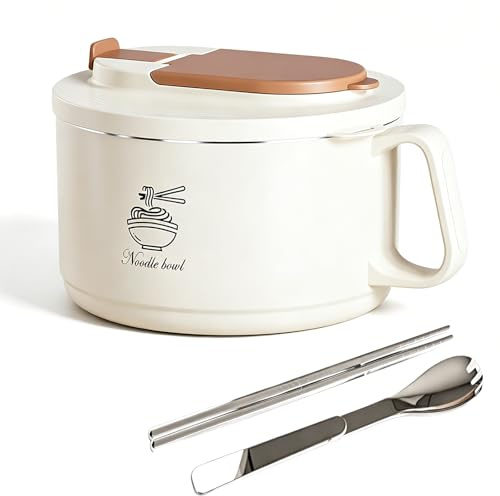 FIYSON Instant Noodle Bowl, 1650 ml, Ramen Bowl with Lid, with Chopsticks and Spork, Leak-Proof Soup Bowl, Soup Cups with Handle, Rice Bowl, Salad Bowl, Bento Box (Beige, Large)