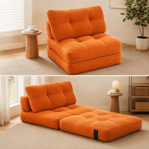 Miuuod Klappbarer Schlafsessel 90 x 93 cm, Orange Bodensofa für 1 Person, Wandelbarer Sessel mit Schlaffunktion, Armloses Schlafsofa, Platzsparender Relaxsessel für Wohnzimmer und Schlafzimmer