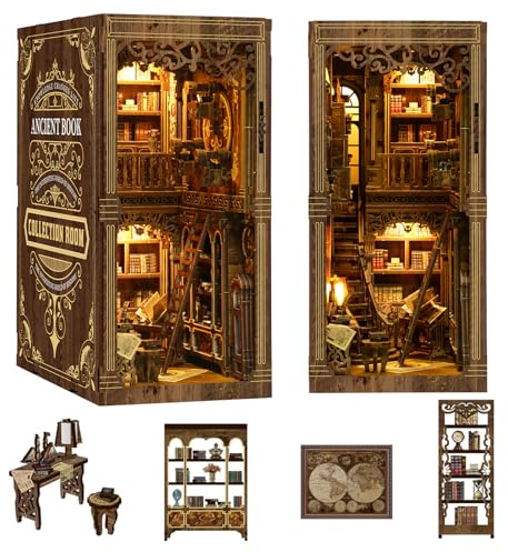 Book Nook Kit DIY Holz - Miniatur Haus mit LED Licht - 3D Puzzle Bücherstütze Regal Deko - Vintage Booknook Geschenk für Erwachse (Bücherstube)