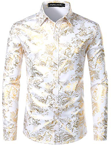PARKLEES Herren Luxus Paisley Gemustert Golden Glänzend Slim Fit Freizeithemd