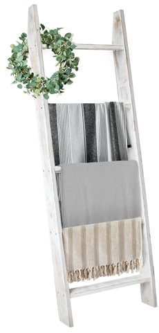 Honest Rustic Blanket Ladder Shelf Stand Wooden Decorative, Farmhouse Wall Leaning Holder Rack, White