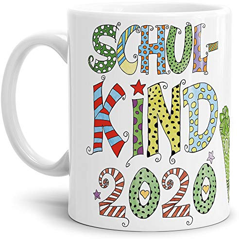 Tassendruck Geschenk Tasse zur Einschulung für Kinder mit Spruch - SCHULKIND 2020 - Geschenkidee zum Schulanfang/Erinnerung Schulbeginn/Erstklässler 2020 Junge - Weiß