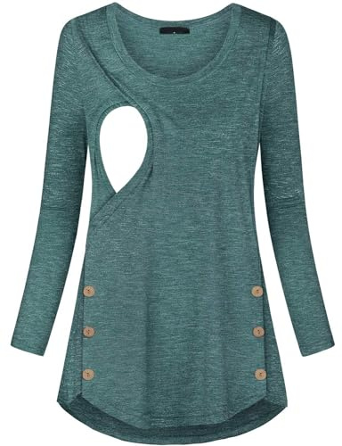 Quinee Maternity Tops for Women, Oversize Vintage Scoop Neck Long Sleeve Breastfeeding Shirt Mothers Functional Sweat Proof Nursing Pajamas Ladies Autumn Daily Wear Green M