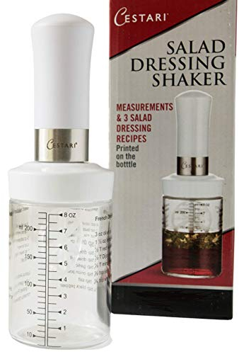 Original Salatdressing-Shaker: Borosilikatglasflasche mit Mixer-Einsatz, auslaufsicherer Salatdressing-Mixer und Spender mit Messungen + Rezepten, wiederverwendbare Vinaigrette Menage