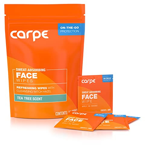 Carpe Sweat Absorbing Face Wipes, Witch Hazel & Tea Tree - 15 Count | Sweat & Oil Control Face Wipes, Witch Hazel & Tea Tree Oil, Refreshing & Soothing, 15 Facial Wipes