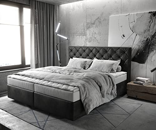 DELIFE Boxspringbett Dream-Great Mikrofaser Anthrazit Vintage 180x200 cm mit Matratze und Topper