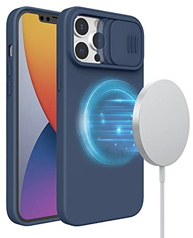 Nillkin Liquid Silicone Case for iPhone 13 Pro Max, Slide Camera Cover, Magnetic MagSafe Compatible, Shockproof Protective Case with Soft Microfiber Lining, 6.7 inch, Blue