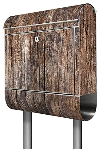 banjado® Briefkasten mit Standfuß Motiv Altes Holz - Stand Briefkasten Edelstahl mit Zeitungsfach - Postbox/Postkasten A4 Einwurf inkl. Montagematerial & 2 Schlüssel