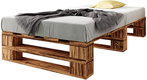 sunnypillow Palettenbett M2 aus Holz 100 x 200 cm mit Lattenrost Stabiles Seniorenbett Kinderbett Jugendbett Gästebett erhöhtes Einzelbett Bettgestell Futonbett Komforthöhe Geflammt