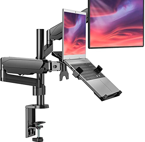 WALI Monitor Laptop Mount Stand, Laptop Gas Spring Arm Mount, Laptops Tray up to 15.6 inch, Monitor up to 32 inch, 17.6lbs (GSDM002LP), Black