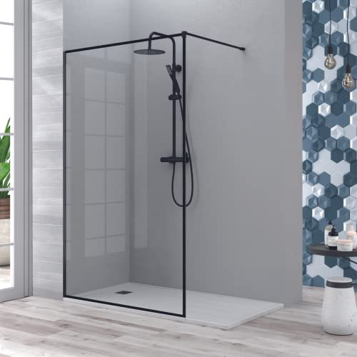 Mampara de Ducha Fijo Frontal | Panel Pantalla Fijo Ducha de Vidrio Templado de 8mm | Tratamiento Antical y Altura de 195cm | Marco Negro Mate 110cm