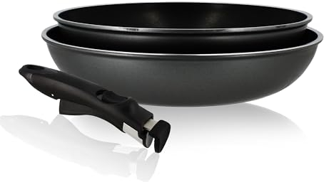 MENASTYL - 3-teiliges Pfannenset 24/28 cm + 1 abnehmbarer Griff 6020283 – Pfannen aus Aluminium für alle Herdarten einschließlich Induktion - Antihaftbeschichtung – Schwarz