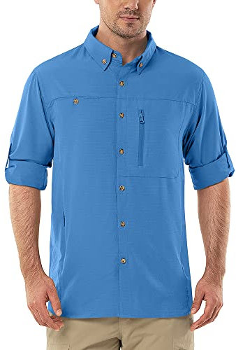 Outdoor Ventures Men's Long Sleeve Safari Shirt UV Protection Hiking Shirts Quick Drying Roll-Up Button Down Shirts with 3 Pockets for Walking Fishing Sea Blue M