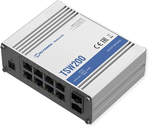 Teltonika TSW20000010 Industrieller unverwalteter POE+ Switch, 8xPoE-Ports, 8xEthernet-Ports, Robustes Aluminiumgehäuse, 20 Gbit/s Bandbreite Nicht blockierend, IP30